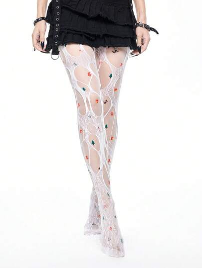 Fairycore 2 Paia di collant trasparenti con stampa a cartone animato Y2K e motivo ad albero di Natale, e collant a rete in combo, possono essere indossati separatamente o sovrapposti, adatti per festival musicali estivi