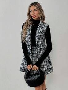 Elyressa Bộ vest thanh lịch cổ ve kẻ caro hai hàng khuy không tay và chân váy midi cho nữ mùa thu - Xám - Xem 3