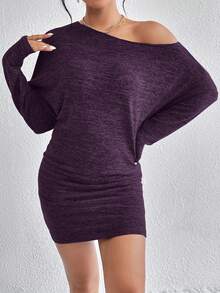 SHEIN Essnce Women's Solid Color Batwing Sleeve Ruched Fashionable Dress - Red Violet - View 5