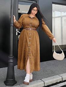 SHEIN ICON Váy denim cài nút phía trước thường ngày cỡ lớn - Màu Khaki - Xem 3