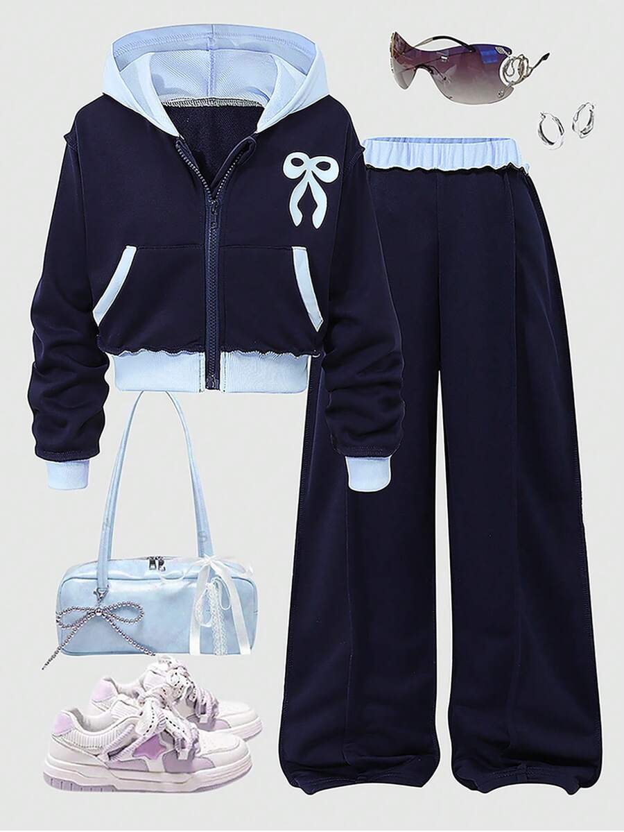 SHEIN 女童字母印花连帽棒球夹克和休闲运动裤套装 - 彩色 - 查看 1