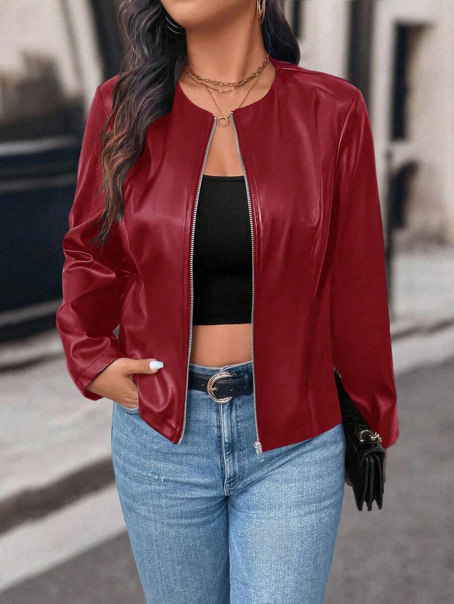 SHEIN PETITE Petite Women Casual Street Style Cropped PU Leather Jacket - Red - View 1