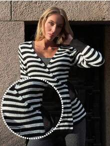 SHEIN PariChic Cardigan Rajut Lengan Panjang Leher V Motif Blok Warna untuk Wanita, Musim Gugur/Dingin - Hitam - View 3