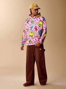 SpongeBob SquarePants | SHEIN Men's Cartoon Pattern Casual Versatile Long Sleeve Hoodie Sweatshirt - Pink - View 4