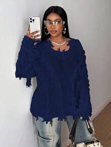 Maweii 大码女式长袖纯色流苏装饰毛衣 - 寶藍色 - 查看 5