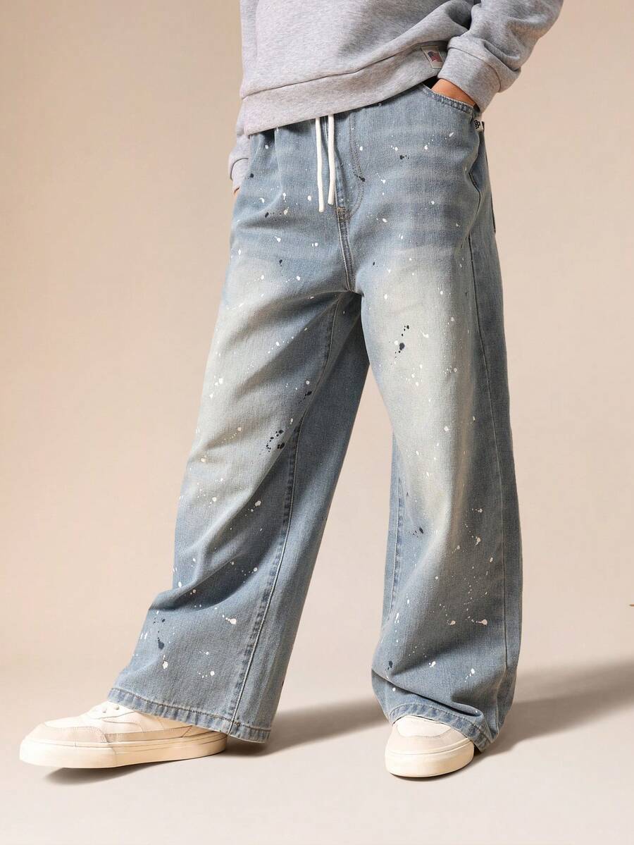 SUMWON Paint Splatter Pull-On Wide Leg Jeans For Casual Streetwear Style Vacation - Blue - View 1