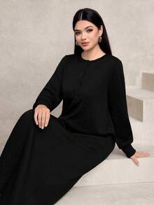 Graceveil 女士休闲纹理面料圆领宽松长款卫衣，绿色，秋冬 - 黑色 - 查看 7