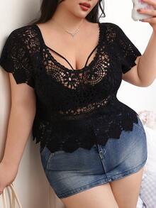 CovetEZ Plus Size Summer Crochet Vintage Vacation Knit Top Black Crochet Top Lace Top Crochet Top Women Black See Through Top Lace Tops For Women - Black - View 1