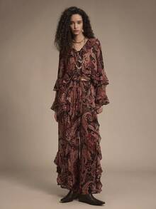 Florisole 女士优雅休闲荷叶边喇叭袖宽松系腰连体裤，秋冬浪漫衬衫裤套装波西米亚风女装 - 黑色 - 查看 3