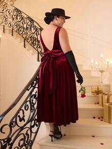Plus Size Vintage Red Open Back Bow Tie A-Line Midi Dress, Wedding Dress, Date Dress, Valentine's Day Dress - Red - View 7