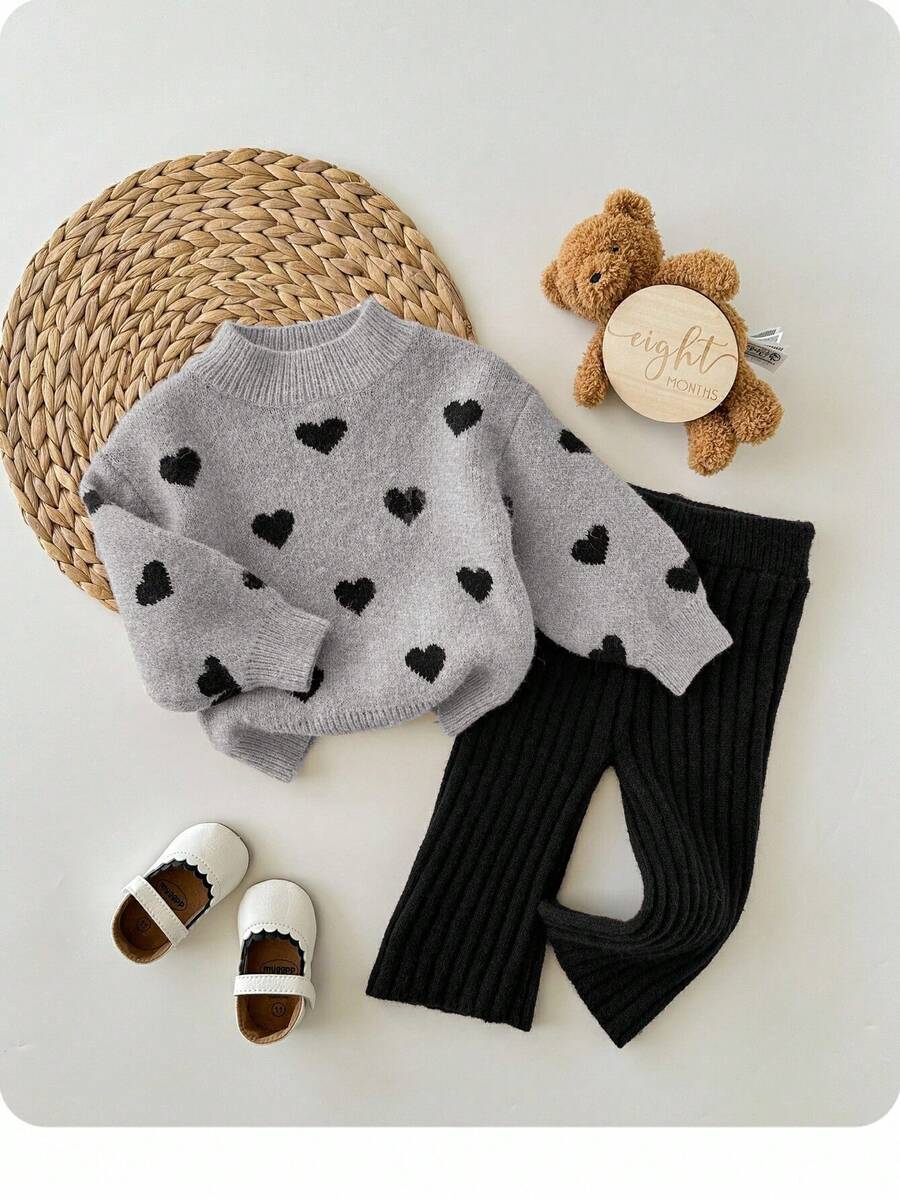 SHEIN Babygirl Cute Polka Dot Long Sleeve Sweater & Elastic Waist Pants Set, Casual For Autumn/Winter