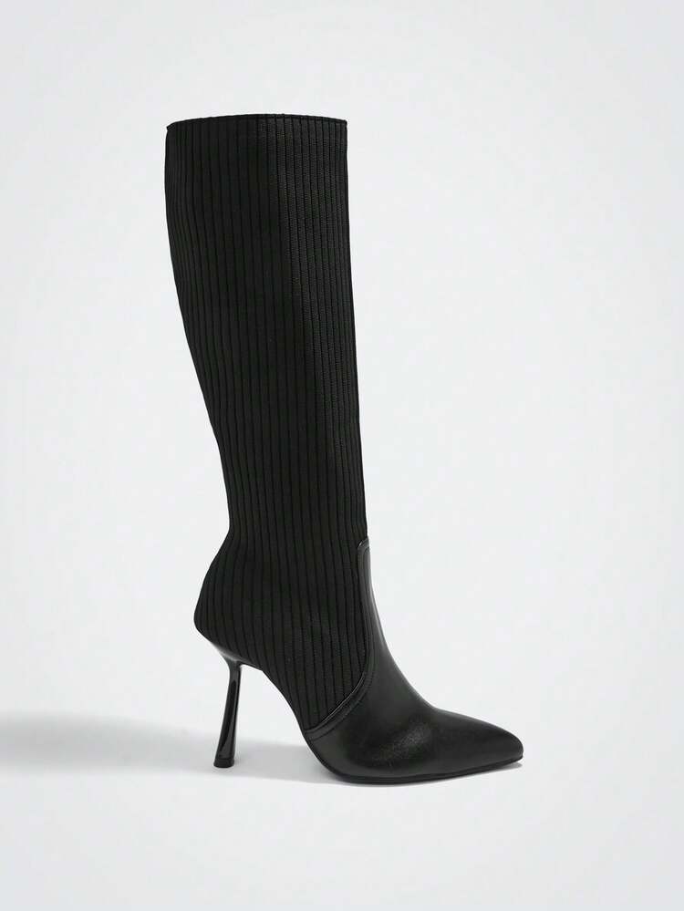 Fashionable Pointed Toe High Heel Lacquered Heel Casual Versatile Slip-On Black Knee-High Boots For Women