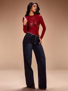 Radiana Áo liền thân lưới xuyên thấu phối màu đỏ rượu vang gợi cảm dành cho nữ cỡ lớn, kiểu dáng đường phố, tay dài trong suốt thời trang. - Đỏ - Xem 5