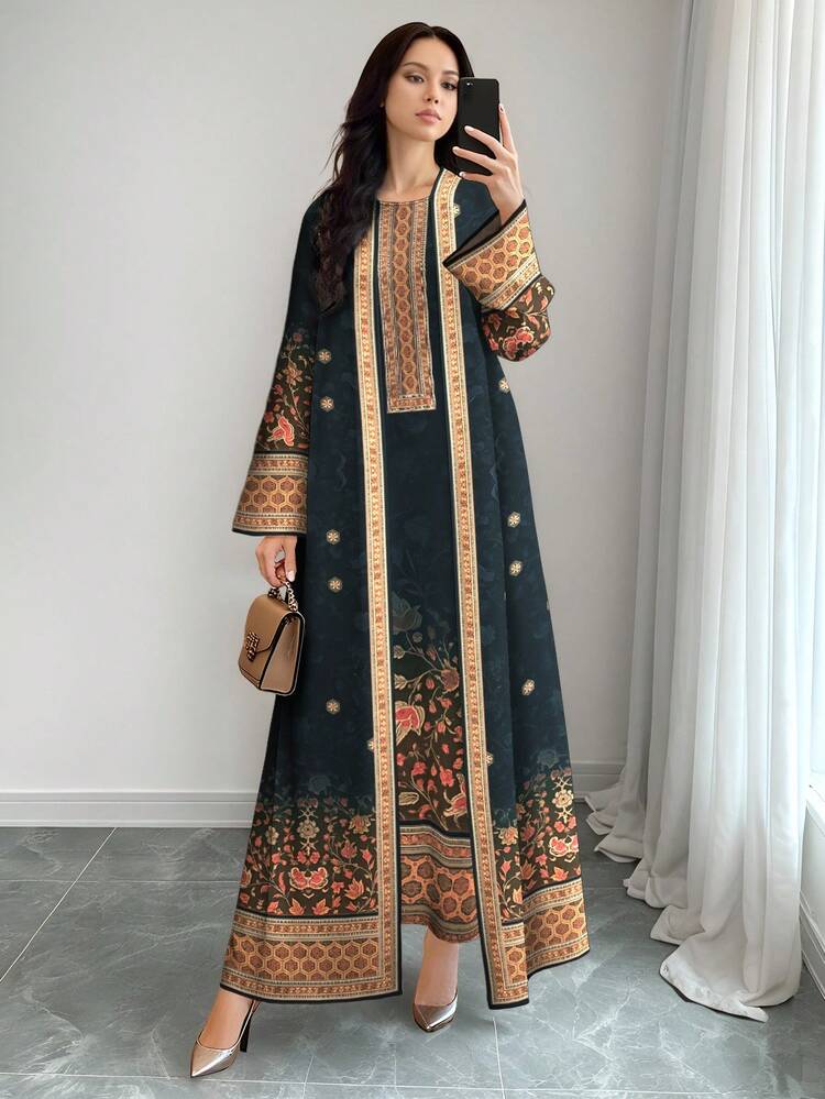 SHEIN Najma Women's Retro Floral & Plant Print Long Sleeve Casual Arabic Style Outfit Set, Spring/Autumn - Multicolor - View 3