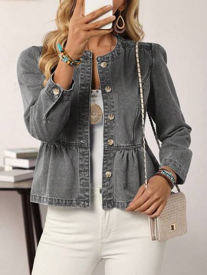 EMERY ROSE Chaqueta vaquera de manga larga con cierre de botones delantero para uso diario, chaqueta vaquera gris para mujer