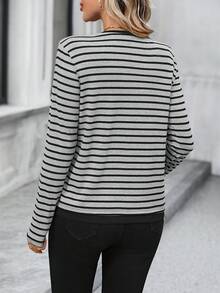 SHEIN LUNE 女款休閒條紋長袖二合一T恤，秋冬女上衣，女款休閒上衣，女款長袖上衣，條紋長袖上衣，女款冬季衣物，女款秋季衣物 - 灰色 - 查看 2