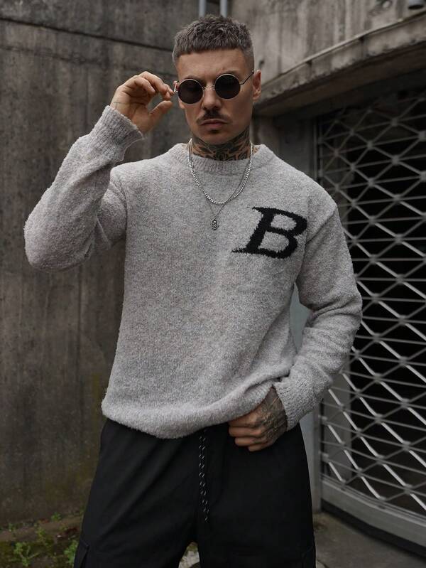 Oversized Casual Couple Loose Knit Pullover Sweater With English Text, Minimalist Design, Warm For Autumn/Winter, Unisex