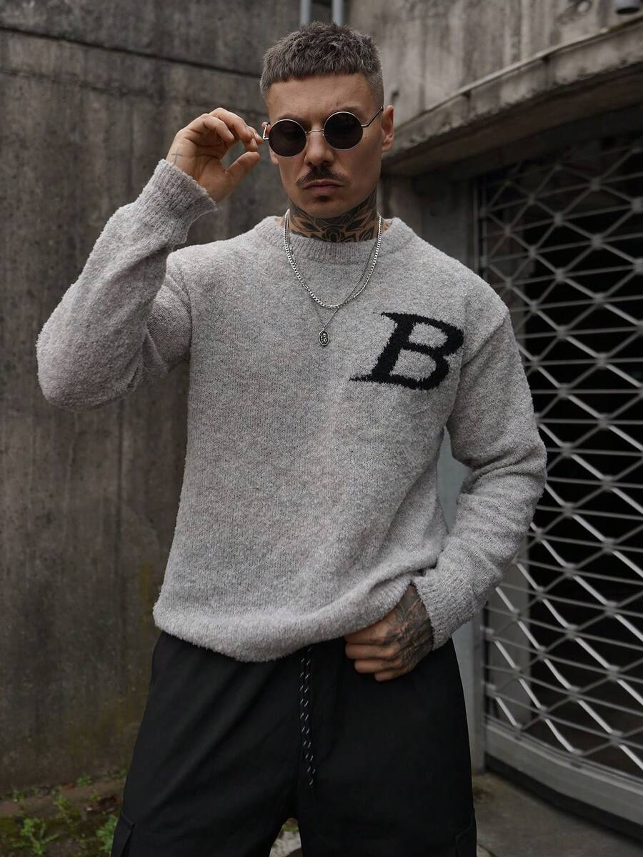 Artur Kramer Oversized Casual Couple Loose Knit Pullover Sweater With English Text, Minimalist Design, Warm For Autumn/Winter, Unisex