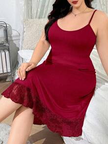 Seduluxe 大码女式休闲蕾丝拼布细肩带镂空后背睡袍红色内衣裙蕾丝睡袍女式睡袍酒红色睡袍 - 酒紅色 - 查看 4