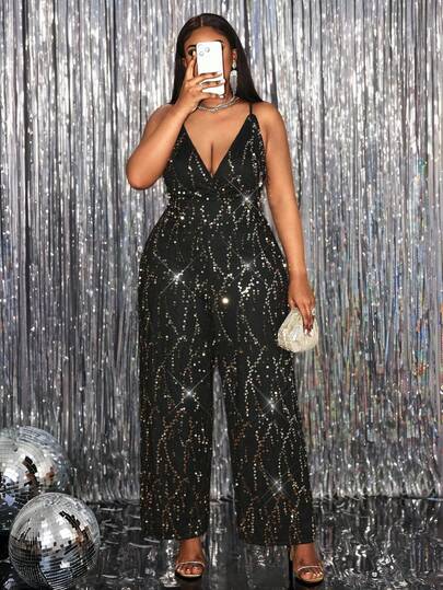 Hourglow Plus Size Sequin Patchwork Sexy Spaghetti Strap Jumpsuit, For Hourglass Body Shape/Valentine's Day