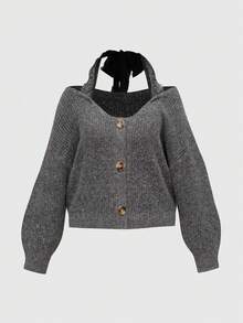 ROMWE J-Fashion Plus Size Sexy Lace Patchwork Off Shoulder Long Sleeve Loose Knit Sweater, Autumn/Winter - Grey - View 1