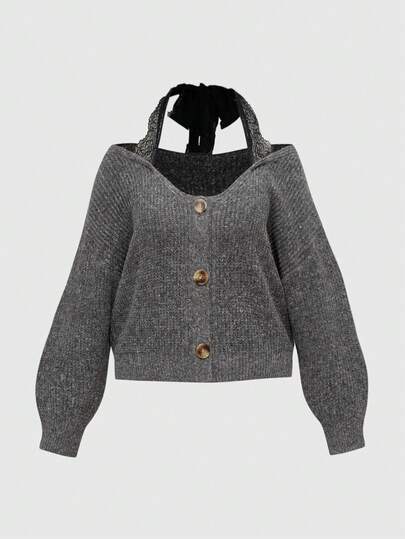 J-Fashion Suéter holgado de punto con encaje y hombros descubiertos de manga larga, talla grande, para otoño/invierno