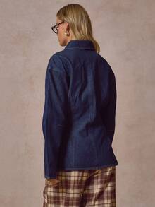 MUSERA Cinched Waist Balloon Sleeve Denim Shirt Cool Girl Streetstyle Everyday Casual Fall Autumn Winter - Dark Wash - View 4