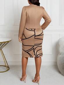 SHEIN Lady Spring, Summer, Autumn And Winter Knitted Brown Puff Sleeve Open Cardigan Short Top With Slim Waist And Geometric Pattern Classic Print Straight Dress Plus Size Two Pieces Set  Dresses For Women Elegant Wedding Guest Dress Women  Fall Clothes For Women Casual Halloween 2 Piece Dress Set Plus Size Dress Bodycon Dress Work Dress Dress With Jacket Autumn Fall Clothes For Women Winter Fall Outfits For Women