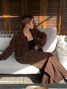 Livesso 女士秋冬休闲宽松领外套和裤子两件套家居服套装 - 咖啡棕 - 查看 6