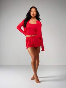 MISSGUIDED Bộ đồ ngủ Giáng sinh Pointelle Knit Cardigan cổ tròn kèm quần short Bộ đồ ngủ ba mảnh có gân ấm áp - Đỏ - Xem 3