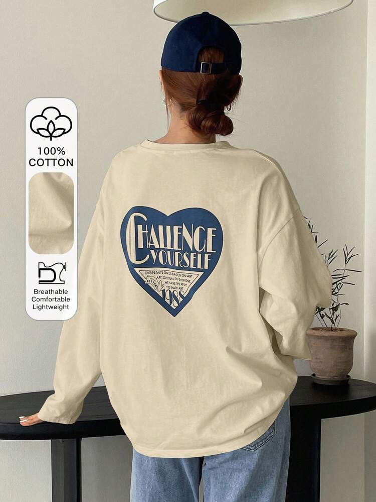 Women's Slogan & Heart Print Round Neck Dropped Shoulder Long Sleeve Casual Loose T-Shirt Graphic Tee
