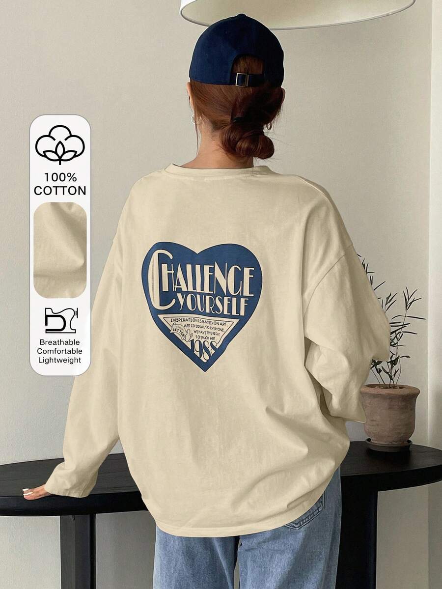 FRIFUL Women's Slogan & Heart Print Round Neck Dropped Shoulder Long Sleeve Casual Loose T-Shirt Graphic Tee - Apricot - View 1