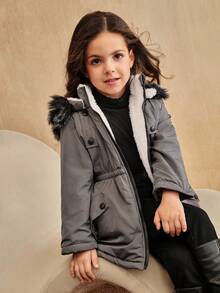 SHEIN Elladie kids 女童休闲装饰连帽束腰派克大衣，适合冬季穿着，幼儿女童冬季外套，女童带帽冬季外套，婴儿女童冬季外套，儿童灰色冬季外套，女童灰色派克大衣，粉色保暖内衬冬季外套，秋季款 - 灰色 - 查看 1