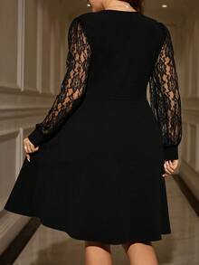 Miaspire Plus Size Women's Elegant Black Autumn Formal Evening Dress,Lace Patchwork V-Neck Long Sleeve Flowy Dress For Party,Date Night Outfits & Thanksgiving - Black - View 3