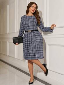 EMERY ROSE 大码优雅格纹收腰中长连衣裙，适合通勤。 - 彩色 - 查看 6