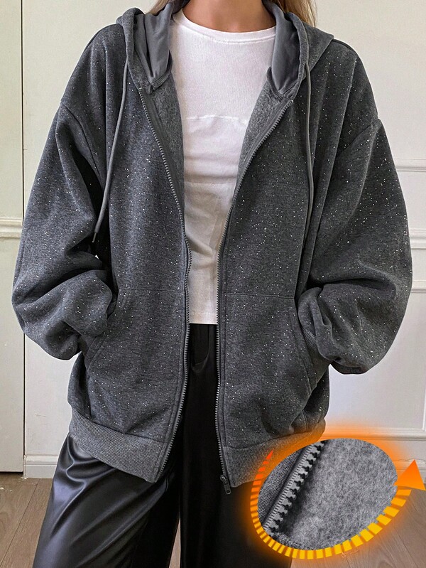 Livesso Women's Loose Fit Sequin Embellished Sweatshirt, Casual Business Style, Fashionable Streetwear, Suitable For Autumn, Winter, New Year, Christmas Jacket