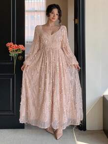 DAZY 女士优雅亮片灯笼袖连衣裙，秋季婚礼宾客礼服吊带裙 - 杏色 - 查看 7