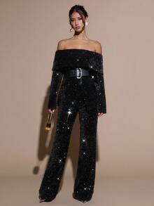 SHEIN BAE Elegante y encantadora blazer de hombro descubierto para mujer, atuendo elegante y brillante para fiestas y Navidad, glamorosa blazer de un solo hombro, perfecta para atuendos de fiesta y looks de citas, blazer de un solo hombro con cinturón. Ropa de otoño e invierno para mujer - Negro - Ver 3