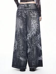 ROMWE Grunge Punk جينز واسع الساق مغسول بتصميم فتاة آلية مستقبلية - رمادي - مشاهدة 2