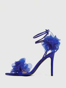 CUCCOO SZL 女士时尚3D立体花朵系带高跟凉鞋，夏季 - 寶藍色 - 查看 4