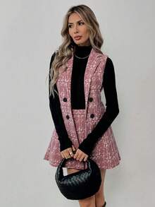 Elyressa 女士秋季通勤休闲翻领双排扣马甲半裙套装 - 粉色 - 查看 6