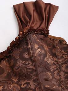 Sweetra Women's Solid Color Pleated Embossed Ruffle Trim Elegant Off Shoulder Top - Brown - View 3