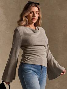 Elegantrix 大码女式宽松领喇叭袖收腰褶皱雪纺针织休闲上衣，秋冬款 - 杏色 - 查看 3