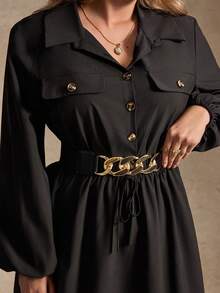 Elegantrix Plus Size Black Long Sleeve Short Dress With Metal Waist Chain, Waist Cinching Design, Suitable For Christmas, Halloween, Autumn/Winter Women Shirt Dress - Black - View 2