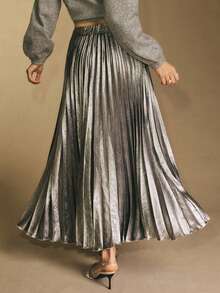 Poéselle Damen plissierter einfarbiger minimalistischer Lässig Rock - Silber - Übersicht 2