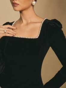 Poéselle Women's Velvet Square-Neck Long-Sleeve Top, Elegant Puff-Shoulder Top For Holiday & Evening, Faux Pearl Embellished Top, Velvet Black Square Neck Top, Holiday Going Out Top - Black - View 1