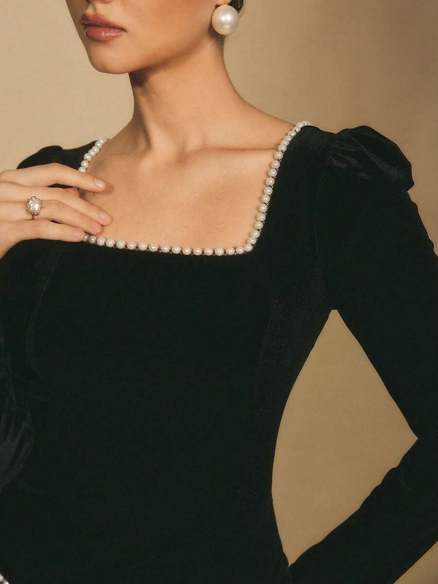 Poéselle Women's Velvet Square-Neck Long-Sleeve Top, Elegant Puff-Shoulder Top For Holiday & Evening, Faux Pearl Embellished Top, Velvet Black Square Neck Top, Holiday Going Out Top - Black - View 1