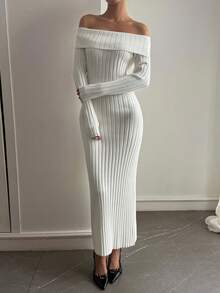 Livesso Women's Off Shoulder Fitted Sweater Dress, Autumn/Winter - White - View 3