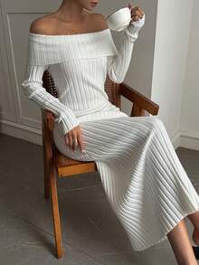 Livesso Women's Off Shoulder Fitted Sweater Dress, Autumn/Winter - White - View 5