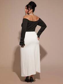 SHEIN BAE Vestido de manga larga con bloque de color y decoración de perlas para tallas grandes - Blanco y Negro - Ver 5